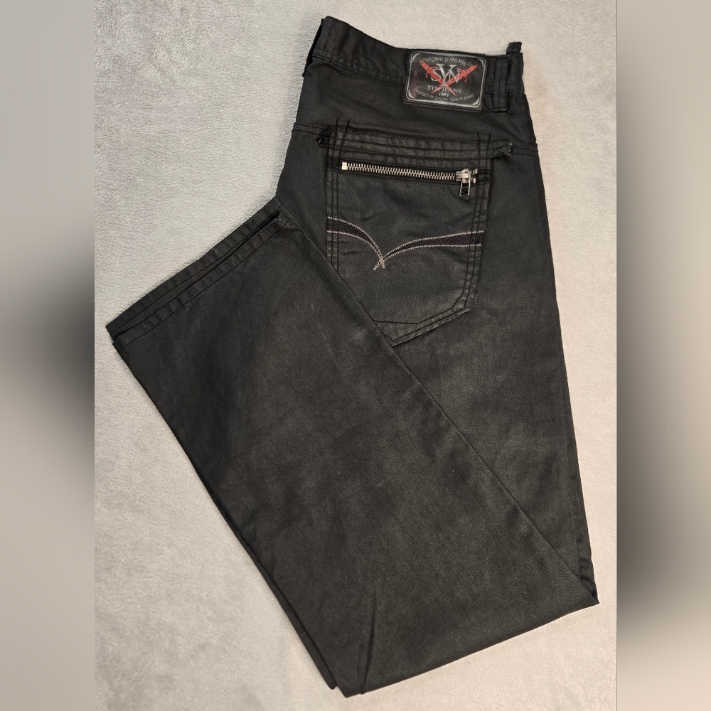 Black Waxed Moto Biker Straight Leg Zipper Pocket Denim  RockstarJeans Sz 40x32